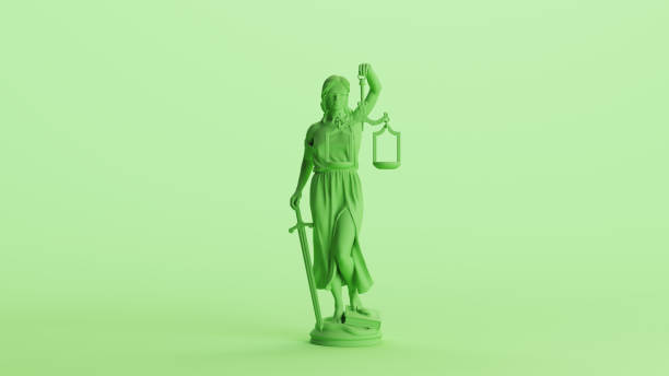 istock Lady justice judicial system classic statue woman green mint soft tones background front view 2154320773