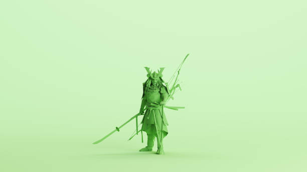 istock Green samurai warrior traditional Japanese culture geometric sword mint background front view 2154322048
