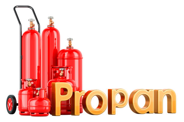 Set of propane gas cylinders with hand truck, 3D rendering isolated on white background