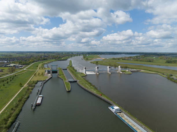 istock Hydroelectric installation in The Netherlands, Aerial drone view. 2154323912