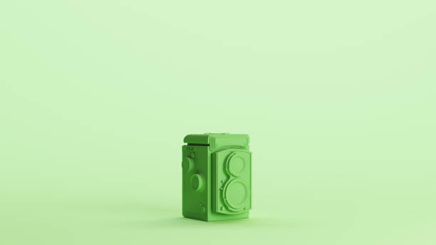 Green box camera vintage equipment photography technology hobby mint background 3d illustration render digital rendering