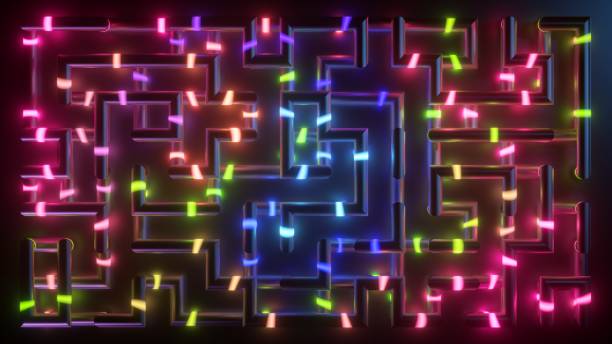 istock 3d render, abstract background. Colorful lights inside the labyrinth, ultraviolet maze glowing in the dark 2154330812