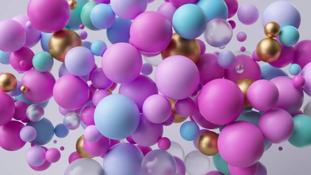 istock 3d render, abstract geometric wallpaper. Pink blue and gold assorted balls. Chaotic multicolored particles isolated on white background 2154331328