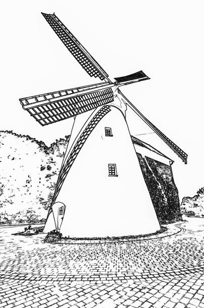 A windmill is the main focus of the image. The windmill is tall and has a unique shape, making it stand out against the background. The image has a calm and peaceful mood