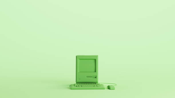 Green computer vintage desktop keyboard technology monitor soft tones mint background front view 3d illustration render digital rendering