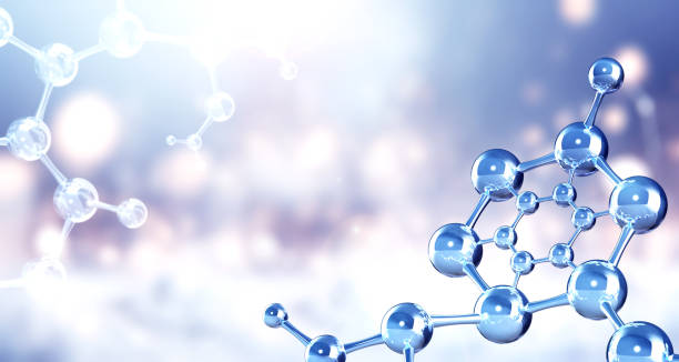 istock Horizontal banner with model of abstract molecular structure. Background of blue color with glass atom model. Copy space for your text. 3d render 2154334425