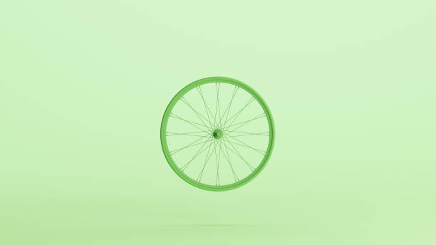 Green bicycle wheel thin narrow tyre spokes soft tones mint background 3d illustration render digital rendering