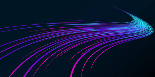 Vector abstract light lines in high speed technology concept. Image of speed on the road. Abstract background in blue and pink colors with neon glow.