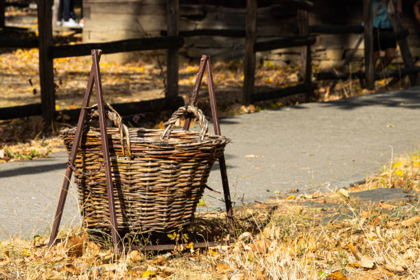 Brown wicker picnic basket front view isolated on white