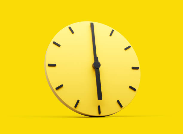 istock 3d Simple Yellow Round Wall Clock 6 O'Clock Six O'clock On Yellow Background 3d illustration 2154343438