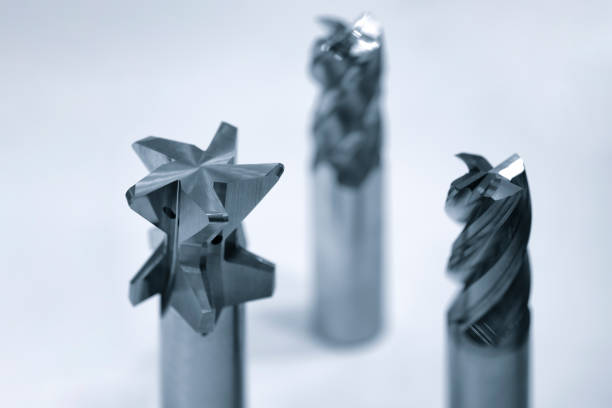 Industrial milling metal cutting tool with carbide cutter insert in workshop. Drills with interchangeable tungsten carbide heads