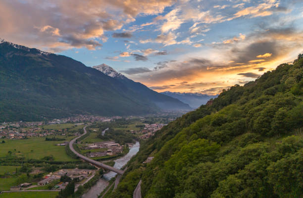 panorama of the lower Valtellina.  Morbegno and the mountain villages.