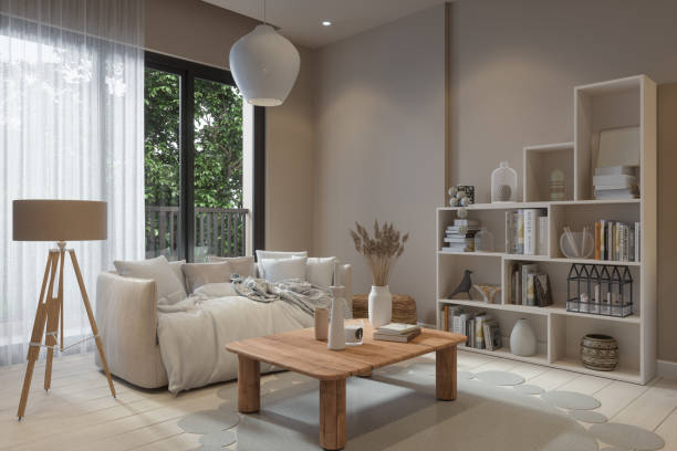 istock Modern Living Room Interior With Sofa, Floor Lamp, Bookshelf And Coffee Table 2154346113