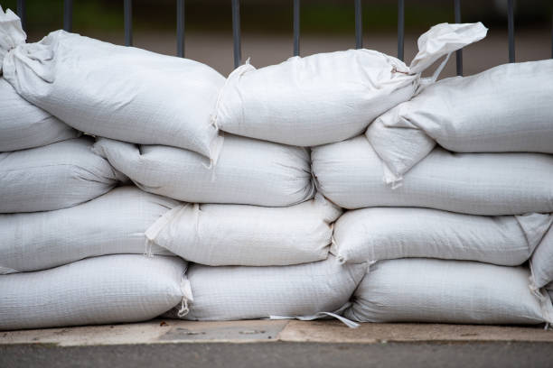 sandbags for flood defense, river moselle trier in rhineland palatinate, flooded trees and paths, high water level, climate change - saco de areia - fotografias e filmes do acervo