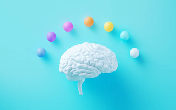 istock White Human Brain Object Surrounded By Colorful Spheres On Blue Background 2154354169