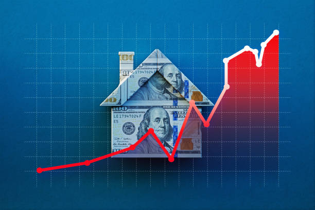 istock Bar Graph Over A House Object Textured With 100 American Dollar Bill On Blue Background 2154354342