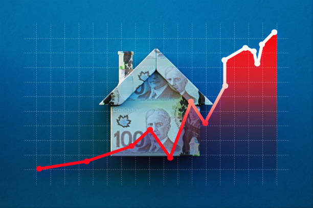 istock Bar Graph Over A House Object Textured With 100 Canadian Dollar Bill On Blue Background 2154354469