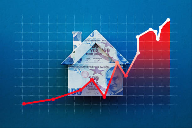 istock Bar Graph Over A House Object Textured With 100 Turkish Lira Bill On Blue Background 2154355636