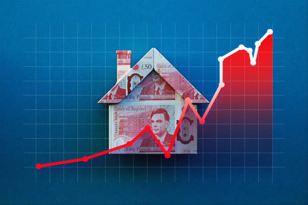 istock Bar Graph Over A House Object Textured With British Pound Bill On Blue Background 2154355983