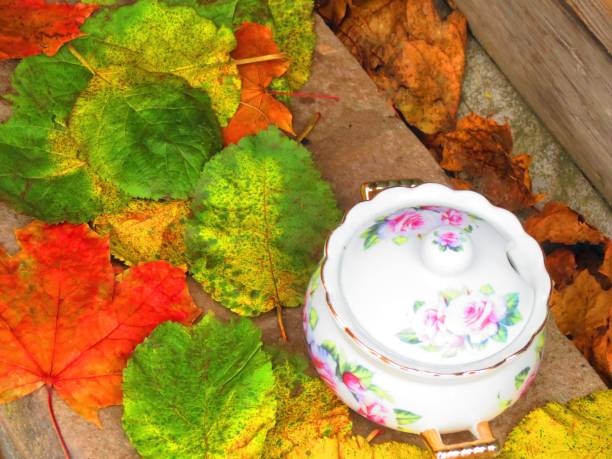 Sugar pot with autumn leaves.Still life.