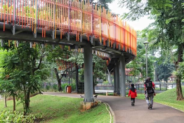 Family walking under the bridge