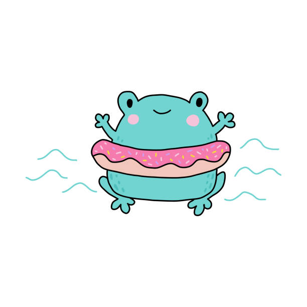 Cute cartoon frog. Kawaii summer froggie Cute cartoon frog with swimming ring. Kawaii froggie. Baby animal for childish stickers and prints. Cartoon summer character for kids. Flat childish illustration on a white background tadpole swimming stock illustrations