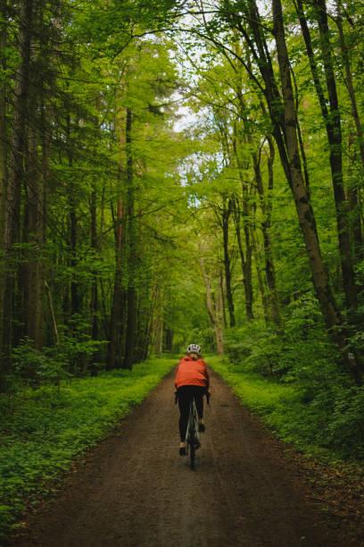 istock Road bicyclist rides road through forest 2154372036