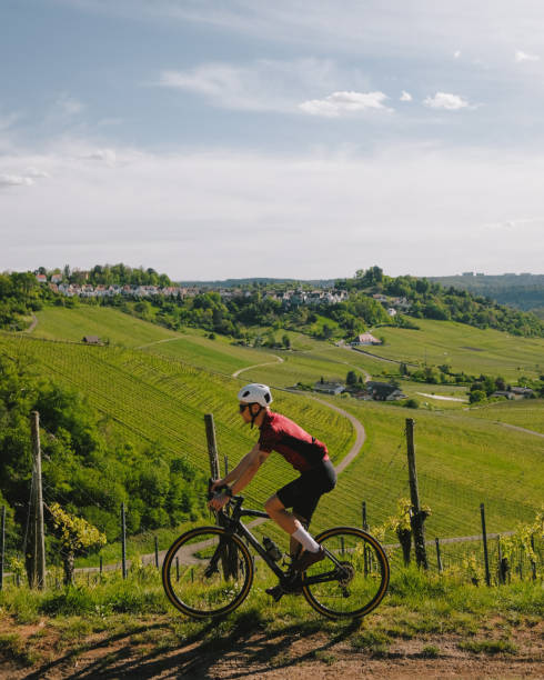 istock Road bicyclist rides through rural landscape 2154372286
