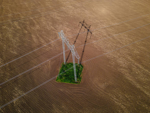 istock Electricity Pole in Cultivated Land in Spring, Aerial view. 2154372957