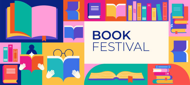 book festival, books sale, back to school concept design. colorful vector design and illustrations - buku ilustrasi stok