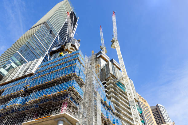 Construction of skyscrapers in the city, background with copy space, full frame horizontal composition