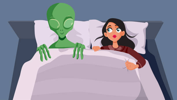 istock Woman in Bed with an Alien Vector Funny Concept Illustration 2154391553