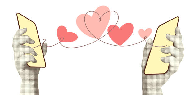 istock Collage with halftone-style hands hold smartphone. Minimalist metaphor concept dating. Idea for love banner composition with pink hearts. Cutouts magazine. Vector illustration 2154401488