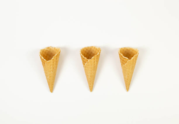 istock Top view of three ice cream waffle cones on white background. 2154402533