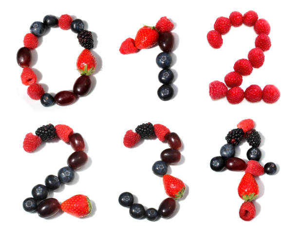 istock number zero one two three four made from raspberry, blackberry, strawberry with green leaf, blueberries, grape. isolated berries numbers for birthday party 2154402972