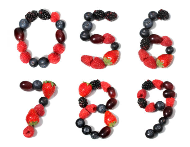 istock number five six seven eight nine zero made from raspberry, blackberry, strawberry with green leaf, blueberries, grape. isolated berries numbers for birthday party 2154402986