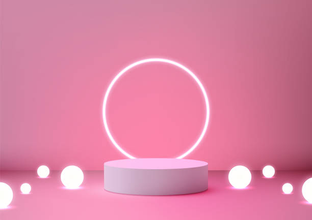 istock 3D round pink podium with a neon circle and balls lights behind it sits on a pink background, modern concept 2154410343