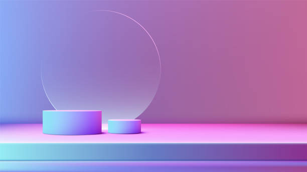 istock 3D neon color podium with circle transparent glass backdrop on the vibrant color wall background, modern technology concept 2154410351