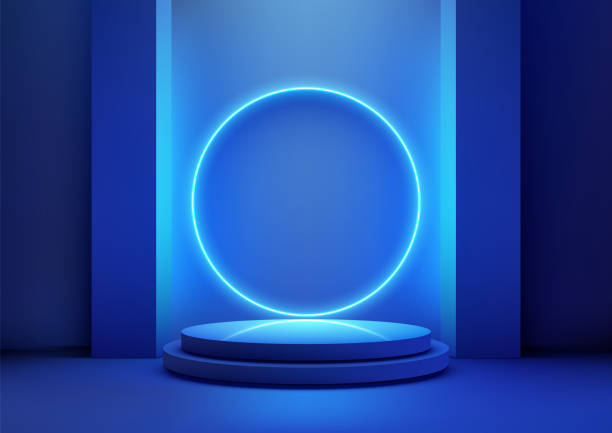 istock 3D blue podium with neon light circle glows behind a podium in a dark room, technology concept 2154410371