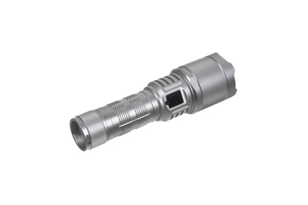 istock Modern metal LED flashlight in silver color. Portable flashlight isolate on a white background. 2154411466
