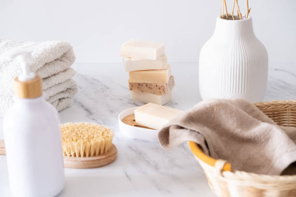 istock Bath accessories and skin care in a light bathroom interior 2154413922