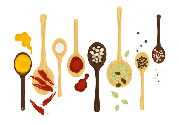 istock Selected herbs, spices, and different spices on a wooden spoon In vintage style isolated on a white background, vector illustration. 2154414350