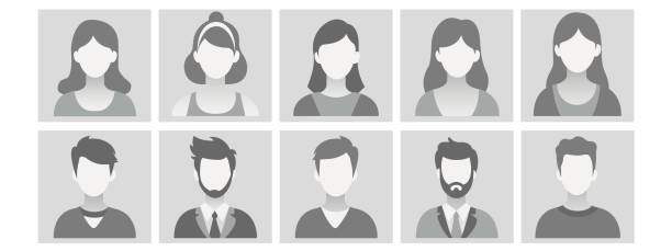 different monochrome avatar illustrations showing anonymous people with diverse hairstyles and clothing. default user profile for social media, website, app, support service. vector illustration of person icon - yakın çekim portre stock illustrations