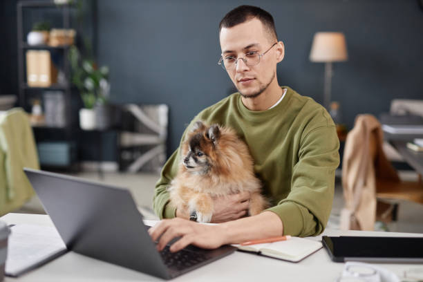 istock Man Holding Dog Working in Pet Friendly Office 2154415721