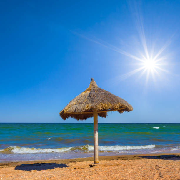 summer sea beach with sun umbrella at sunny day