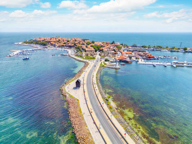 Aerial View of Nesebar (Несебър) an ancient city with a rich history and one of the major seaside resorts on the Bulgarian Black Sea Coast