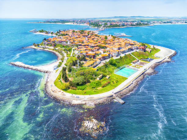 Aerial View of Nesebar (Несебър) an ancient city with a rich history and one of the major seaside resorts on the Bulgarian Black Sea Coast