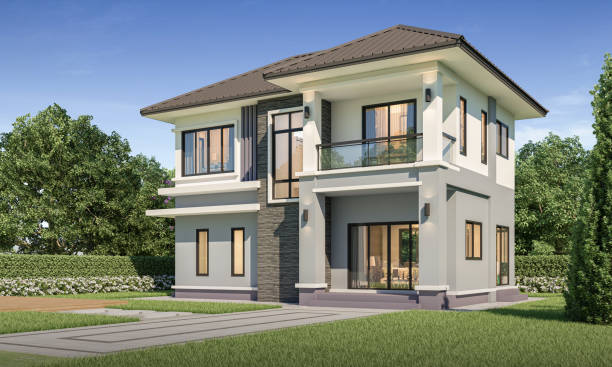 istock Modern house exterior day light with lawn grass.3d rendering 2154424768