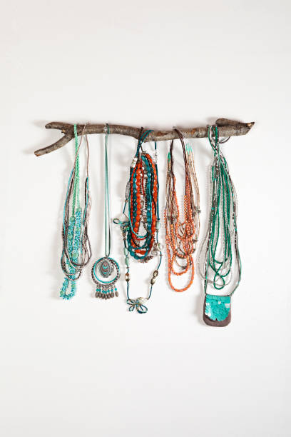Different kinds of necklaces hanging on tree branch on white background