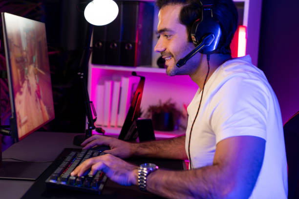 istock Smart streamer playing battle team with streaming online shooting gun. Surmise. 2154430111